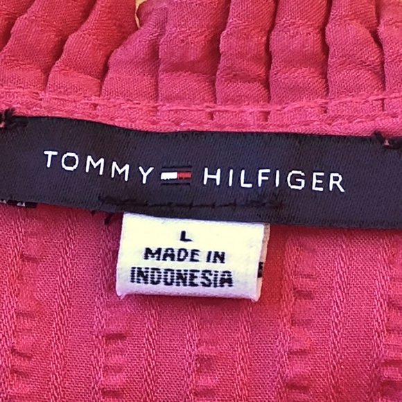 Tommy Hilfiger Blouse Coral Top Puckered Long Sleeve Neck Button Womens Large - Picture 6 of 14